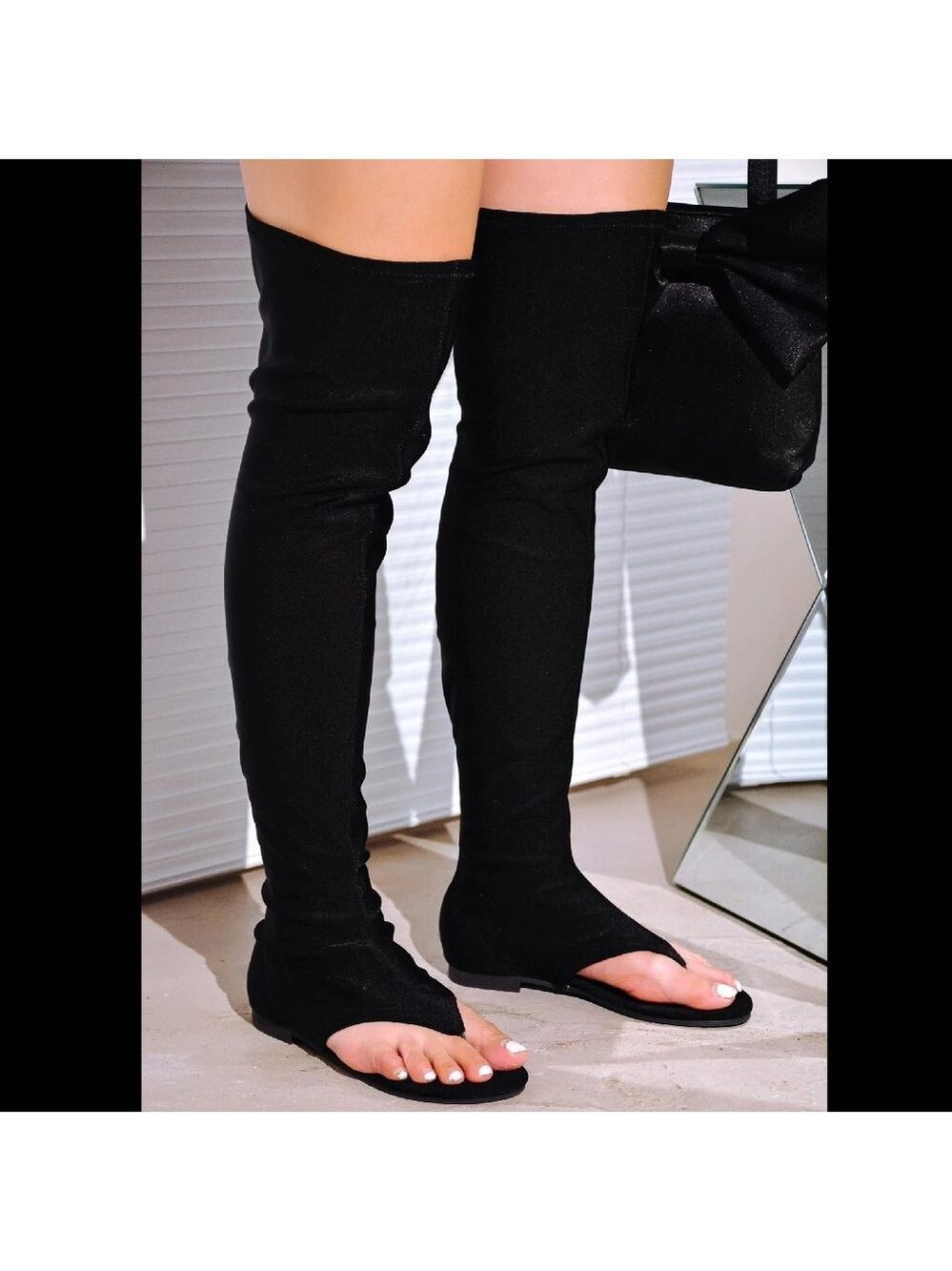 Jazzy Black Lycra Thigh High Stretch Thong Style Sandal Boots